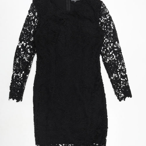 Studio Womens Black Polyester Bodycon Size 12 Round Neck Zip - Crocheted Lace Overlay