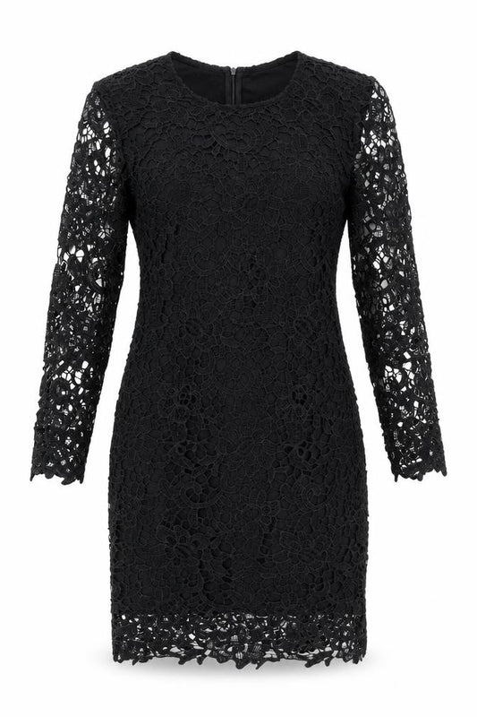 Front view of Studio women’s black polyester bodycon, size UK 12, round neck zip - crocheted lace overlay