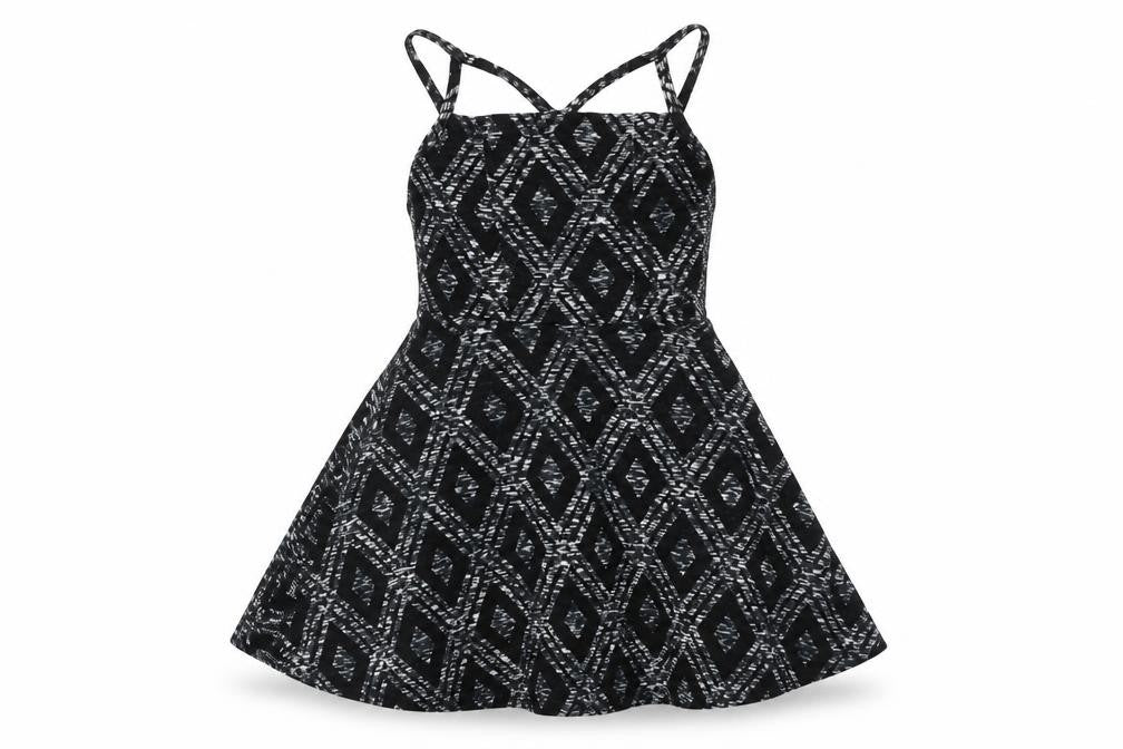 Front view of Topshop women’s black argyle/diamond viscose fit & flare, size UK 8, square neck pullover