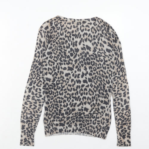 Warehouse Womens Brown Round Neck Animal Print Cotton Pullover Jumper Size 8 - Leopard Pattern