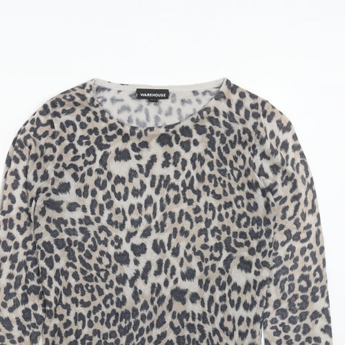 Warehouse Womens Brown Round Neck Animal Print Cotton Pullover Jumper Size 8 - Leopard Pattern