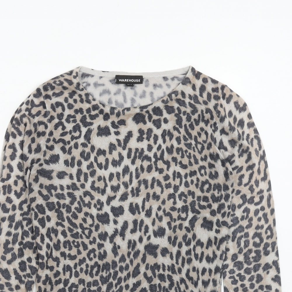 Warehouse Womens Brown Round Neck Animal Print Cotton Pullover Jumper Size 8 - Leopard Pattern
