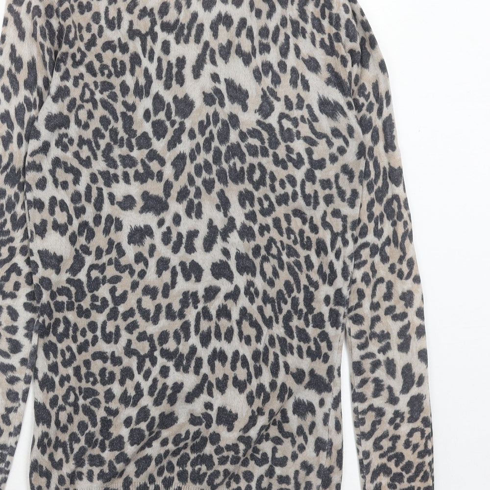 Warehouse Womens Brown Round Neck Animal Print Cotton Pullover Jumper Size 8 - Leopard Pattern