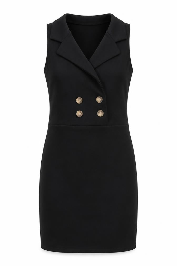 Front view of I-X London women’s black polyester a-line, size UK 8, collared pullover