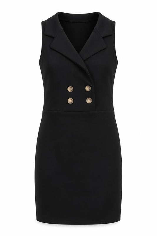 Front view of I-X London women’s black polyester a-line, size UK 8, collared pullover