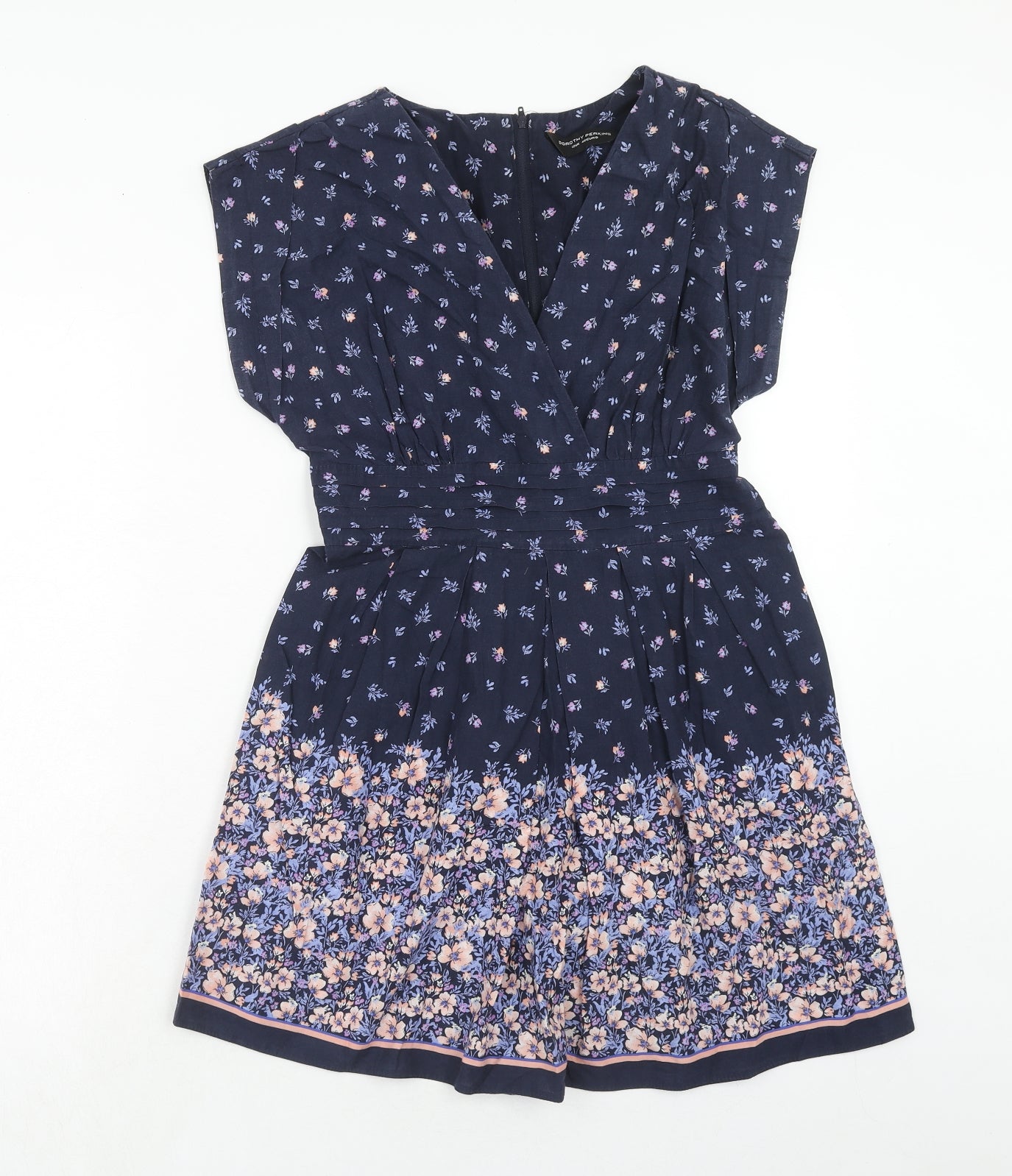 Dorothy Perkins Womens Blue Floral Cotton Skater Dress Size 12 V-Neck Zip
