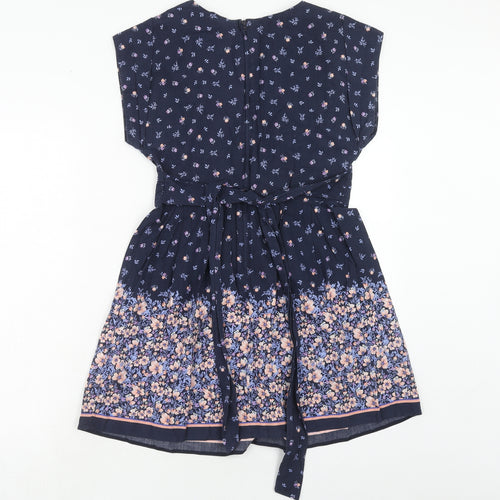 Dorothy Perkins Womens Blue Floral Cotton Skater Dress Size 12 V-Neck Zip