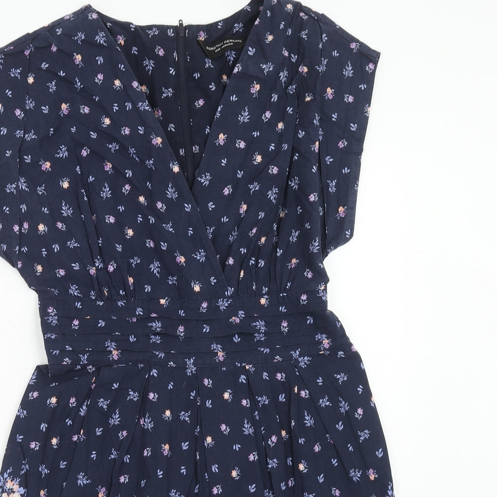 Dorothy Perkins Womens Blue Floral Cotton Skater Dress Size 12 V-Neck Zip