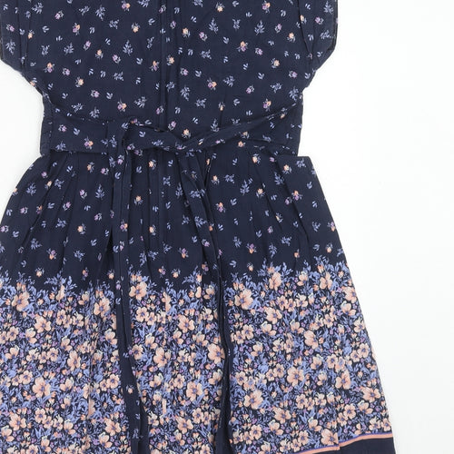 Dorothy Perkins Womens Blue Floral Cotton Skater Dress Size 12 V-Neck Zip