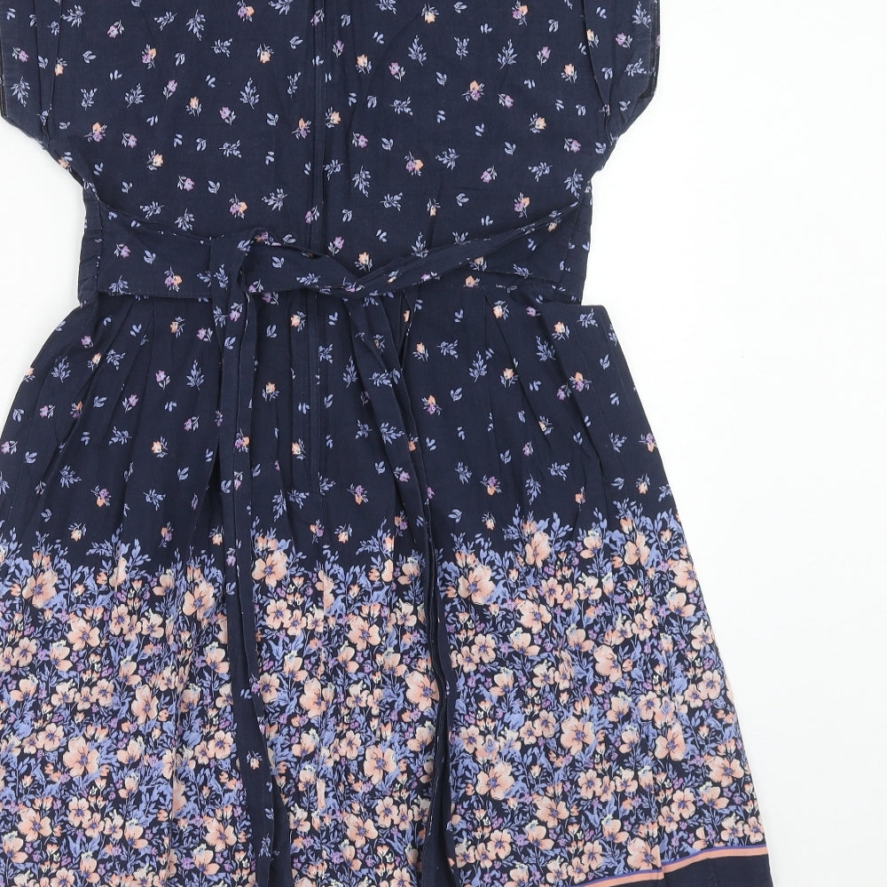 Dorothy Perkins Womens Blue Floral Cotton Skater Dress Size 12 V-Neck Zip