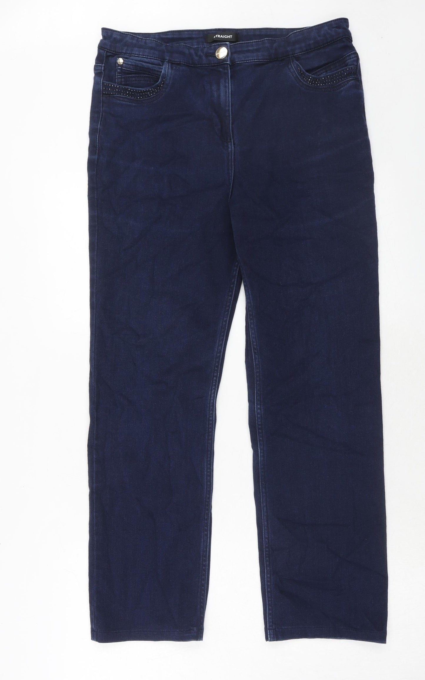 Marks and Spencer Womens Blue Cotton Straight Jeans Size 14 Regular Zip