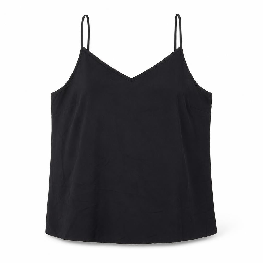 Front view of Marks & Spencer women’s black polyester basic tank, size UK 12, v-neck