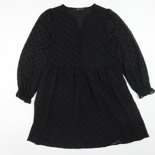 Marks and Spencer Womens Black Polka Dot Polyester Trapeze & Swing Size 10 V-Neck Button