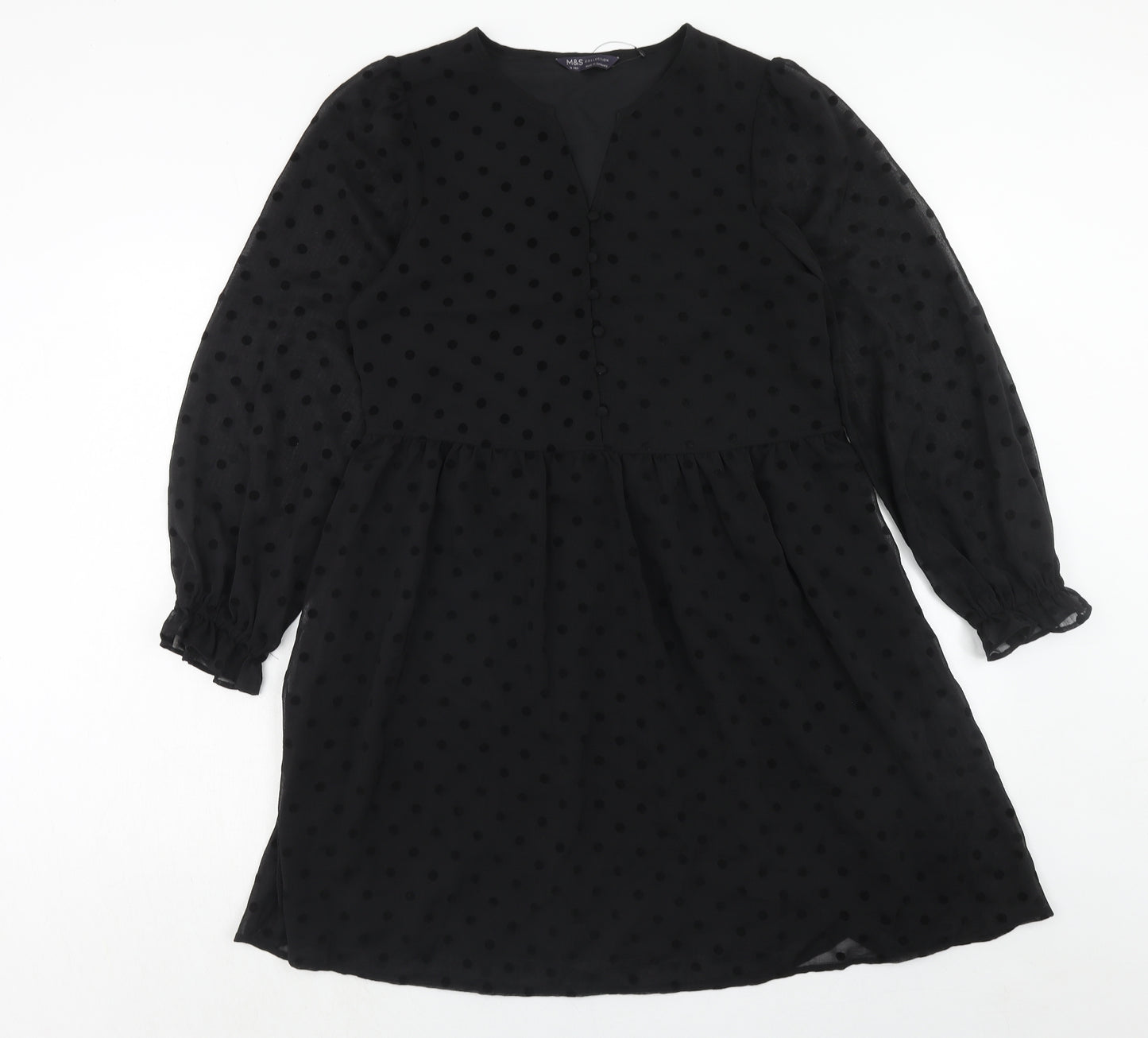 Marks and Spencer Womens Black Polka Dot Polyester Trapeze & Swing Size 10 V-Neck Button