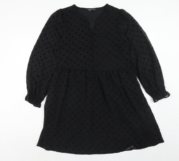 Marks and Spencer Womens Black Polka Dot Polyester Trapeze & Swing Size 10 V-Neck Button