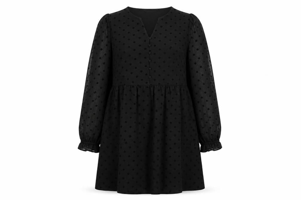 Front view of Marks & Spencer women’s black polka dot polyester trapeze & swing, size UK 10, v-neck button