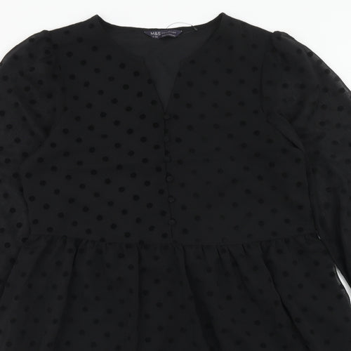 Marks and Spencer Womens Black Polka Dot Polyester Trapeze & Swing Size 10 V-Neck Button