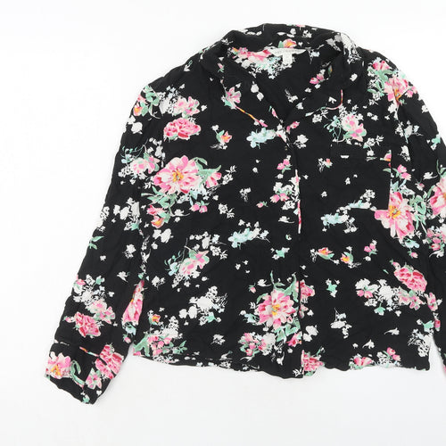 Marks and Spencer Womens Black Floral Viscose Basic Button-Up Size 12 Collared