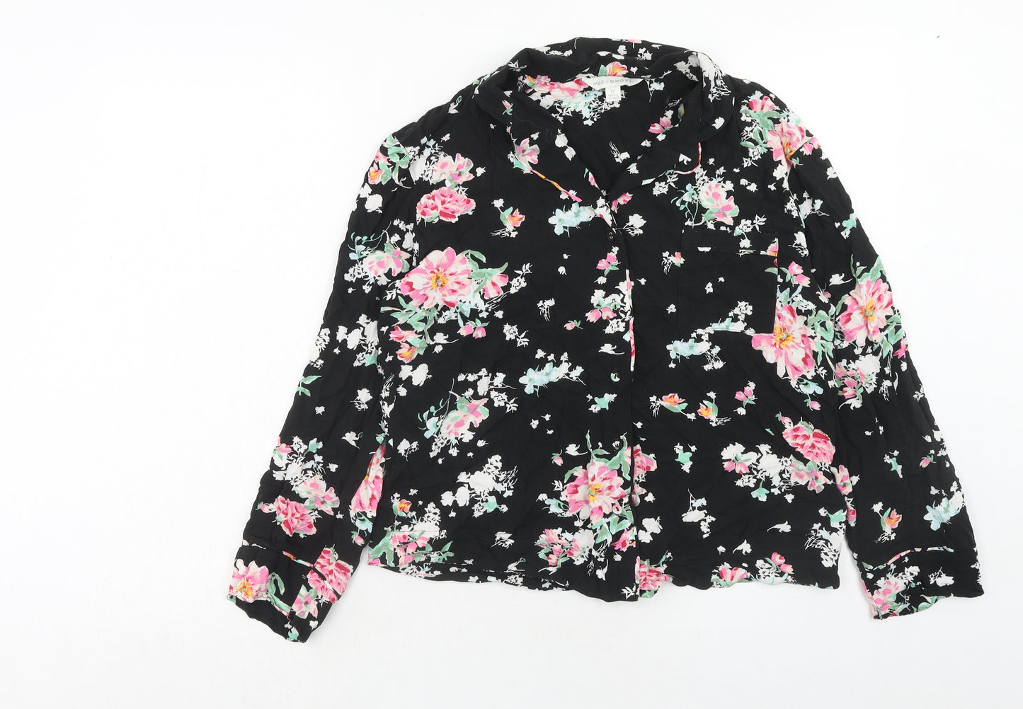 Marks and Spencer Womens Black Floral Viscose Basic Button-Up Size 12 Collared