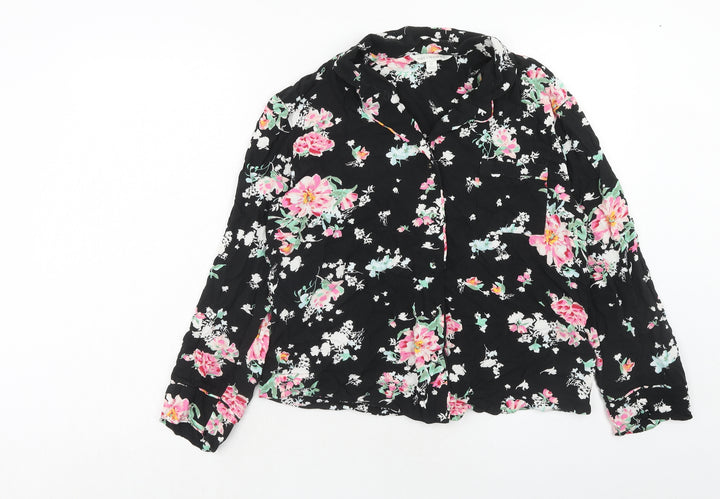 Marks and Spencer Womens Black Floral Viscose Basic Button-Up Size 12 Collared