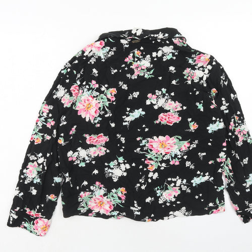 Marks and Spencer Womens Black Floral Viscose Basic Button-Up Size 12 Collared