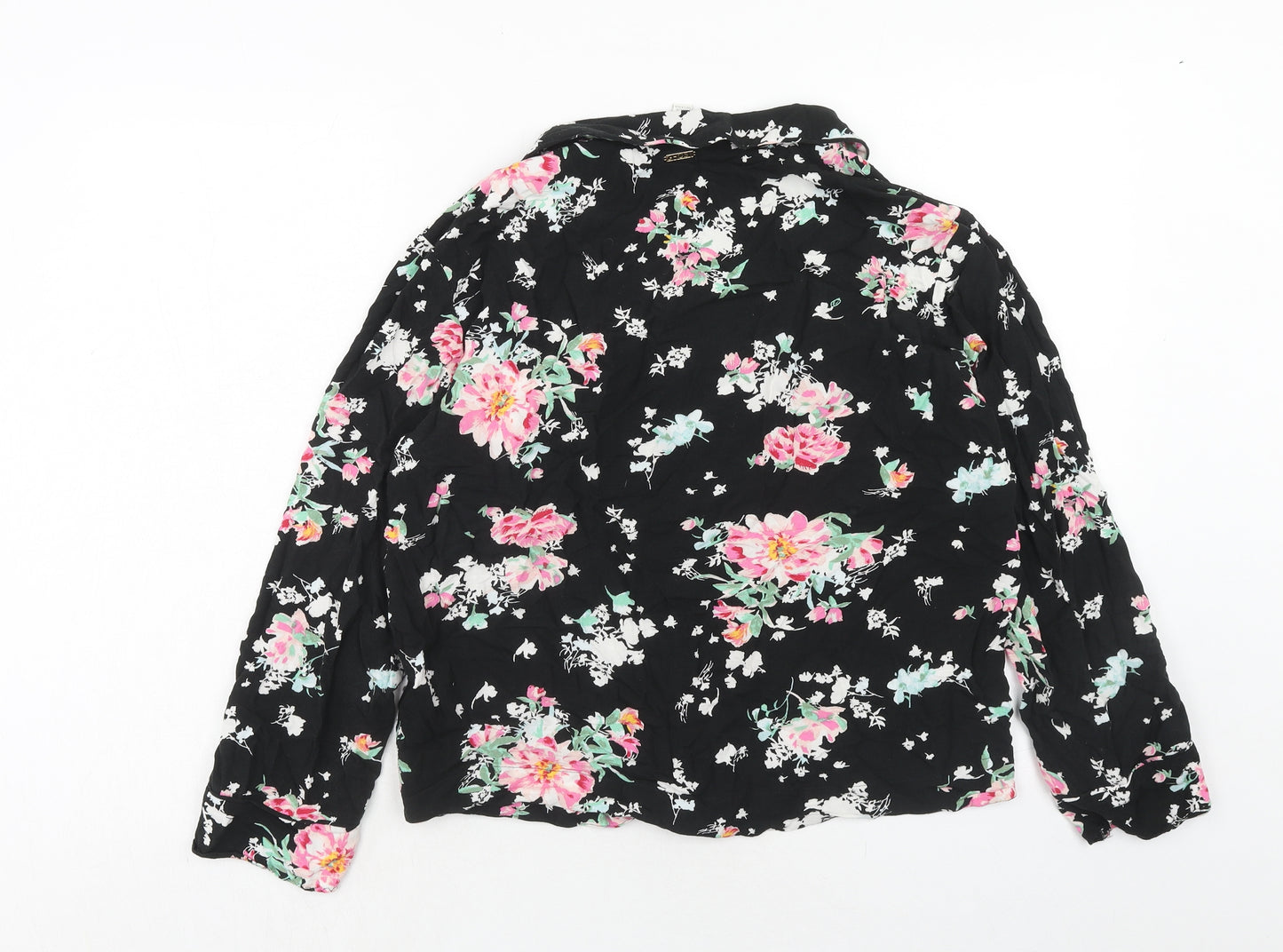 Marks and Spencer Womens Black Floral Viscose Basic Button-Up Size 12 Collared
