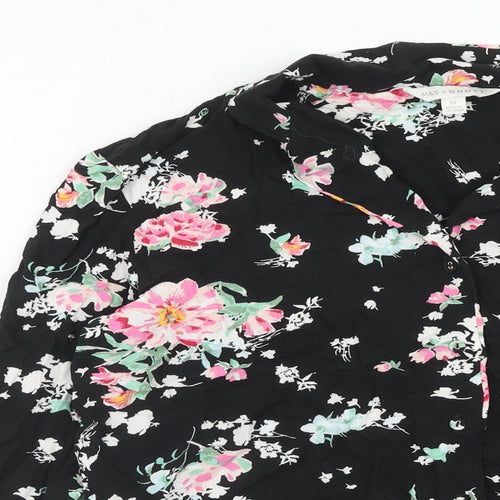 Marks and Spencer Womens Black Floral Viscose Basic Button-Up Size 12 Collared
