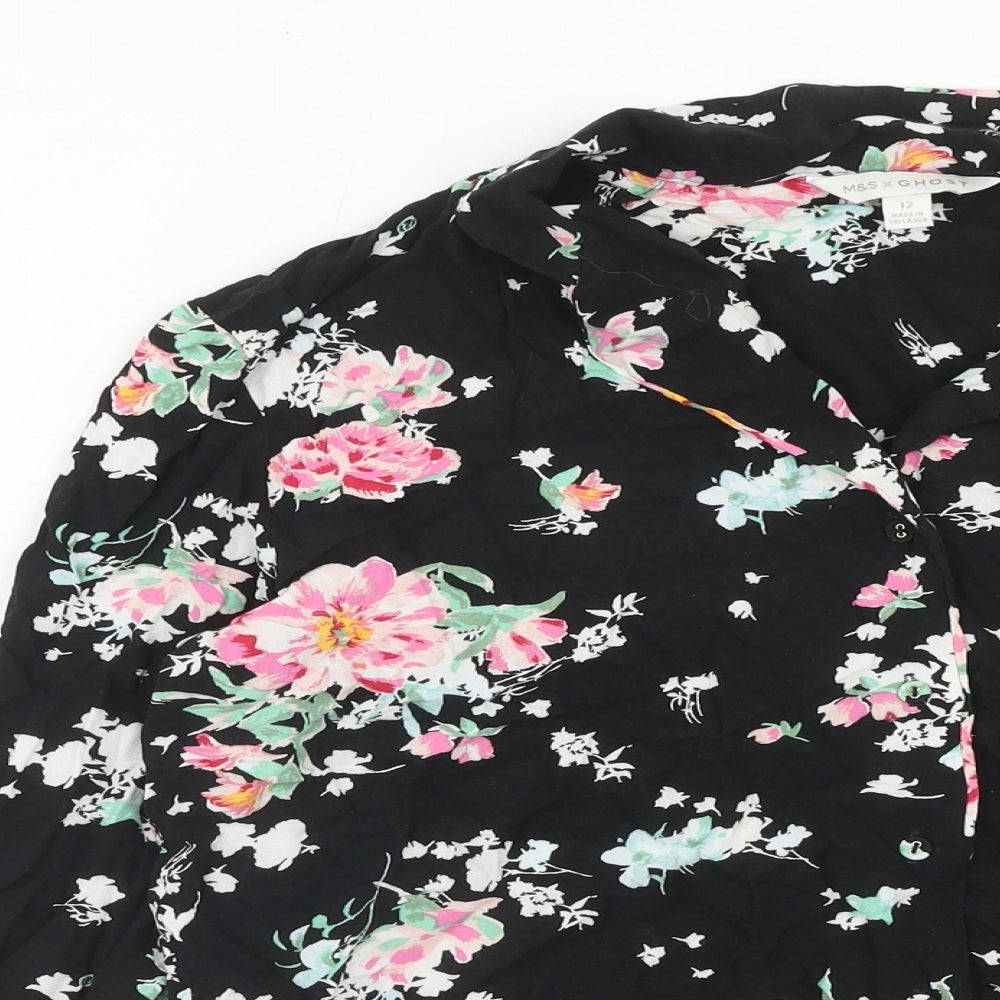 Marks and Spencer Womens Black Floral Viscose Basic Button-Up Size 12 Collared