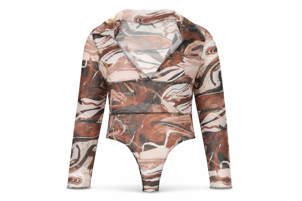 Front view of PRETTYLITTLETHING women’s brown geometric polyester bodysuit one-piece, size UK 16, snap