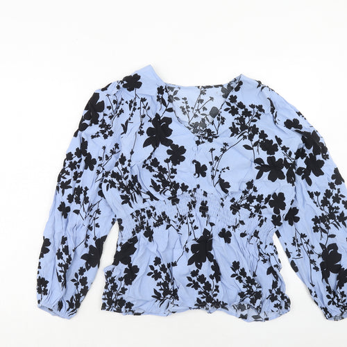 Marks and Spencer Womens Blue Floral Viscose Basic Blouse Size 16 V-Neck