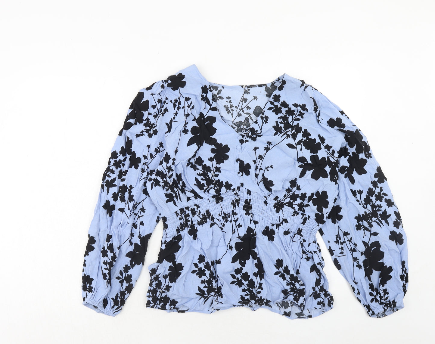 Marks and Spencer Womens Blue Floral Viscose Basic Blouse Size 16 V-Neck