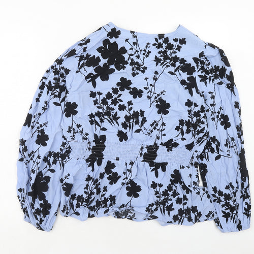 Marks and Spencer Womens Blue Floral Viscose Basic Blouse Size 16 V-Neck