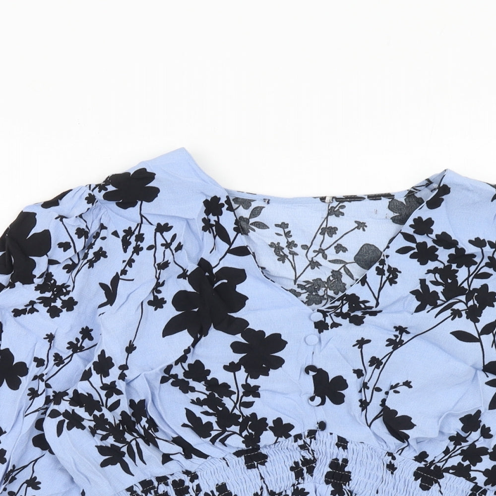 Marks and Spencer Womens Blue Floral Viscose Basic Blouse Size 16 V-Neck