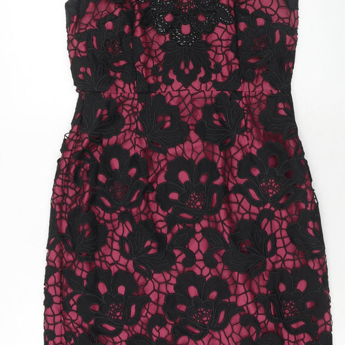 Monsoon Womens Purple Floral Cotton Shift Size 12 V-Neck Zip - Crocheted Lace Overlay