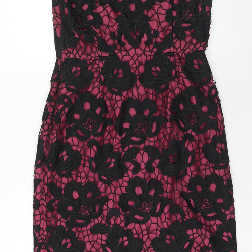 Monsoon Womens Purple Floral Cotton Shift Size 12 V-Neck Zip - Crocheted Lace Overlay