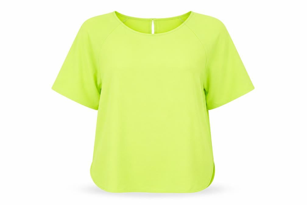 Front view of Marks & Spencer women’s green polyester basic t-shirt, size UK 10, round neck