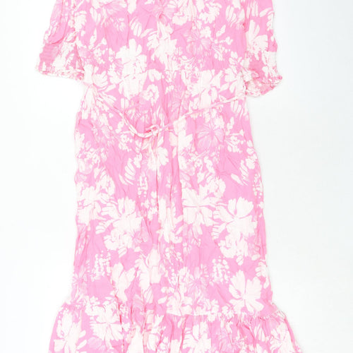 Marks and Spencer Womens Pink Floral Viscose A-Line Size 14 Boat Neck Button