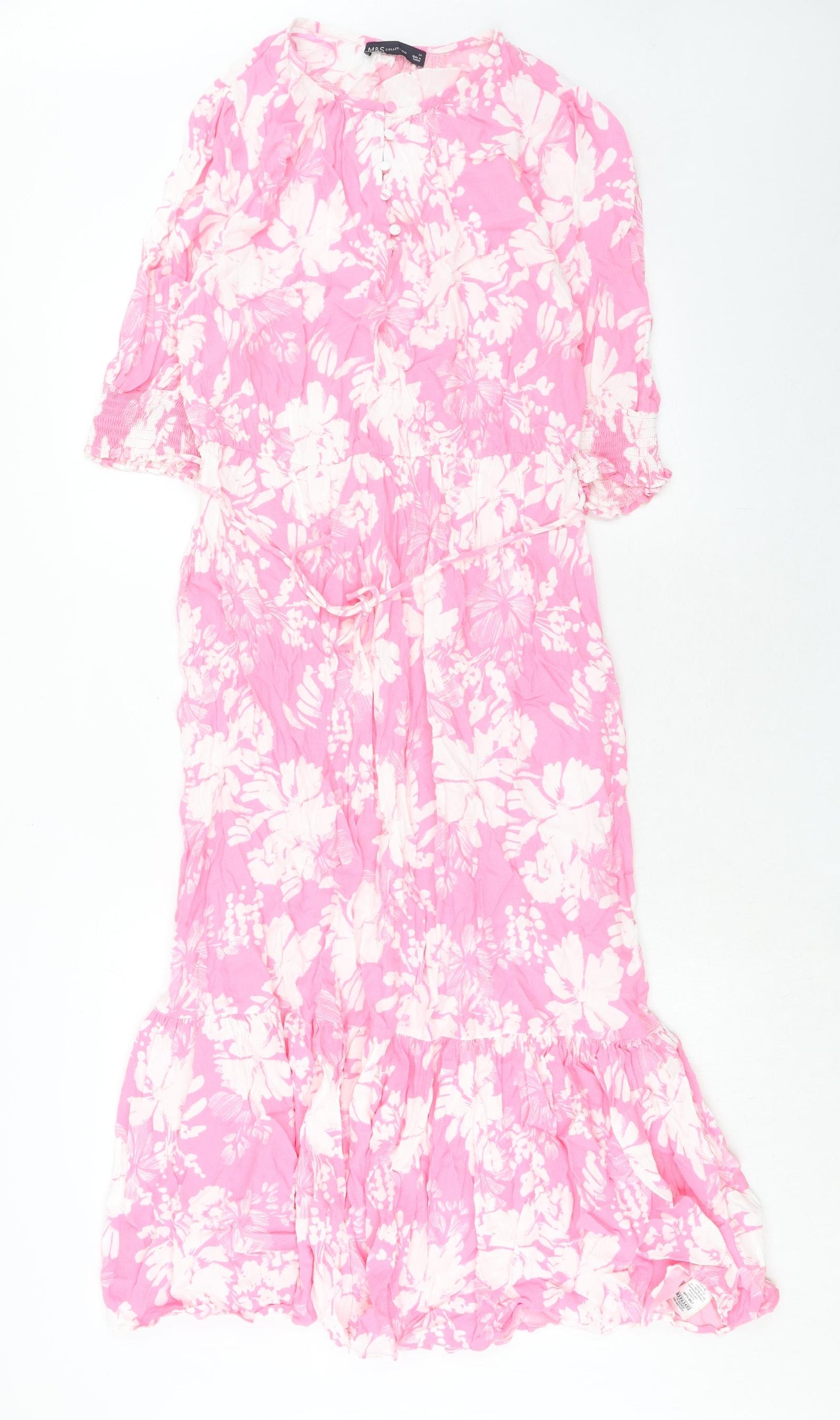Marks and Spencer Womens Pink Floral Viscose A-Line Size 14 Boat Neck Button