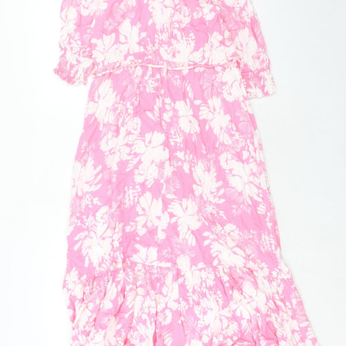 Marks and Spencer Womens Pink Floral Viscose A-Line Size 14 Boat Neck Button