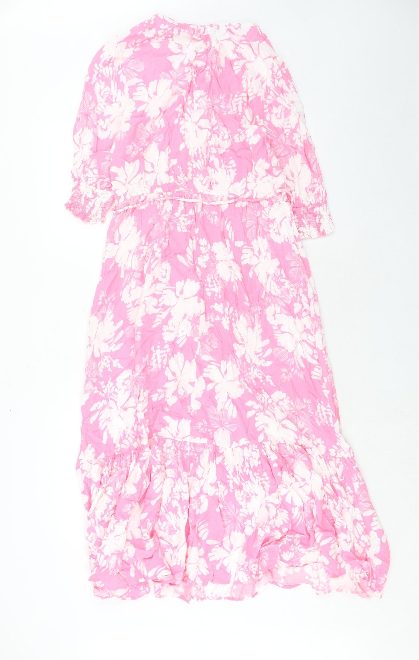 Marks and Spencer Womens Pink Floral Viscose A-Line Size 14 Boat Neck Button