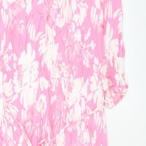 Marks and Spencer Womens Pink Floral Viscose A-Line Size 14 Boat Neck Button