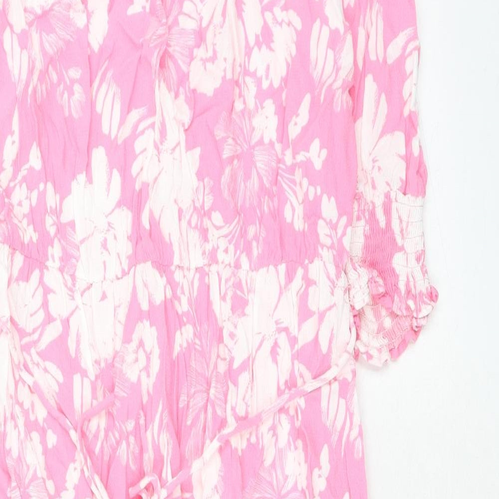 Marks and Spencer Womens Pink Floral Viscose A-Line Size 14 Boat Neck Button