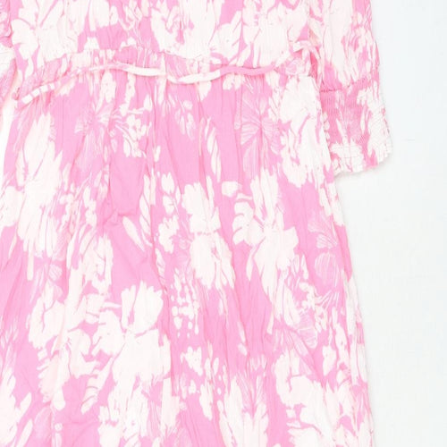 Marks and Spencer Womens Pink Floral Viscose A-Line Size 14 Boat Neck Button