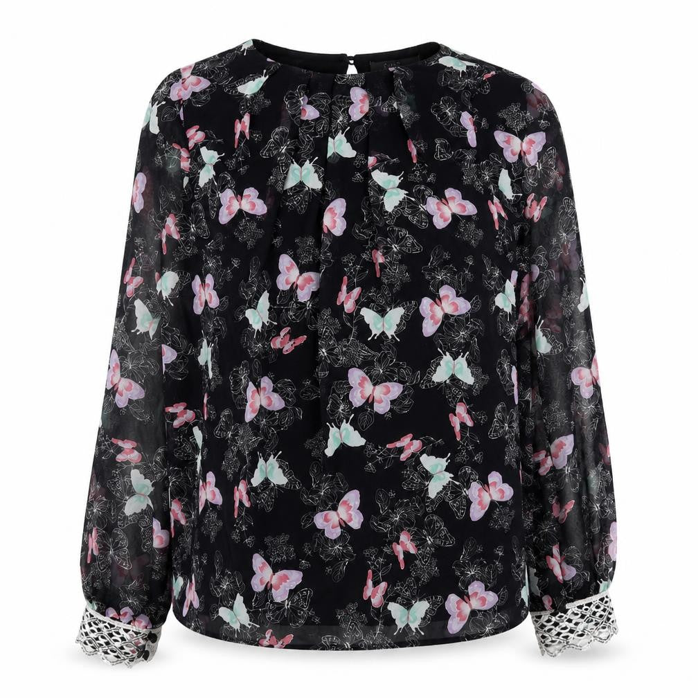 Front view of South women’s black geometric polyester basic blouse, size UK 8, round neck - butterfly