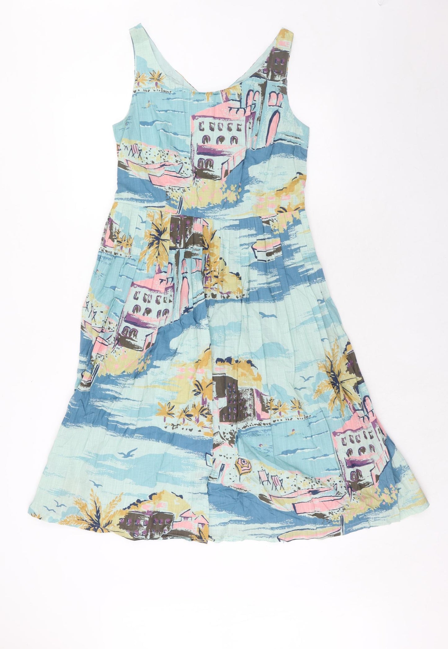 Boden Womens Blue Geometric Cotton Tank Dress Size 12 Scoop Neck Zip - Riviera Print