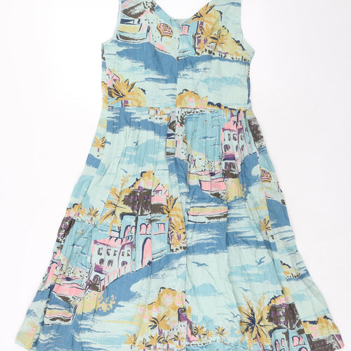 Boden Womens Blue Geometric Cotton Tank Dress Size 12 Scoop Neck Zip - Riviera Print