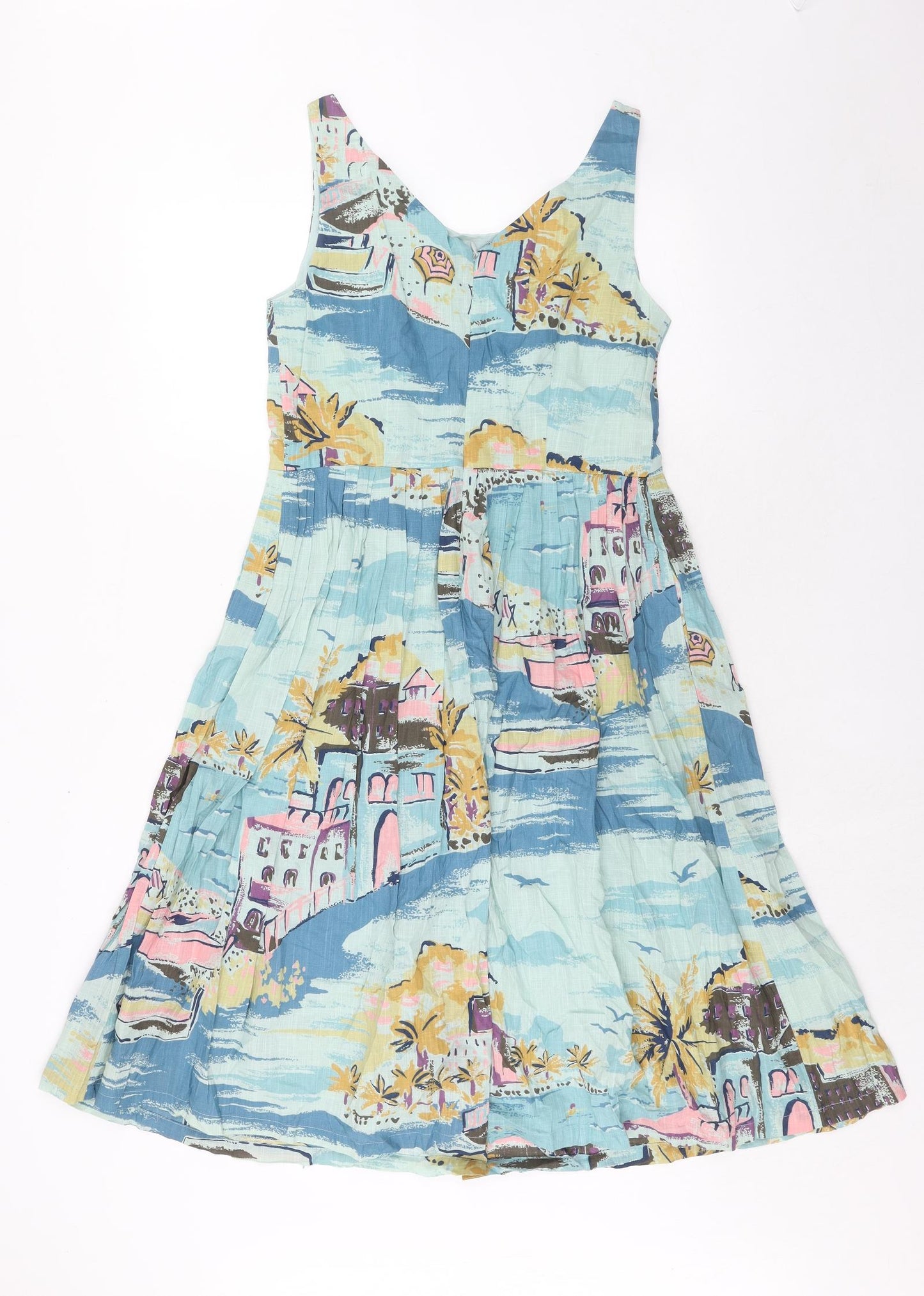 Boden Womens Blue Geometric Cotton Tank Dress Size 12 Scoop Neck Zip - Riviera Print