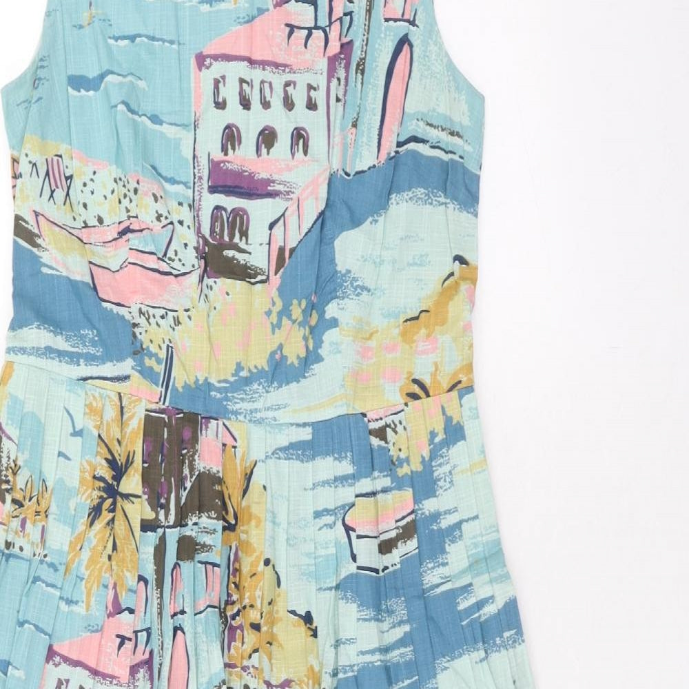 Boden Womens Blue Geometric Cotton Tank Dress Size 12 Scoop Neck Zip - Riviera Print