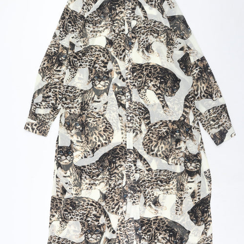 H&M Womens Brown Geometric Polyester Shirt Dress Size 12 Round Neck Button - Cat Pattern
