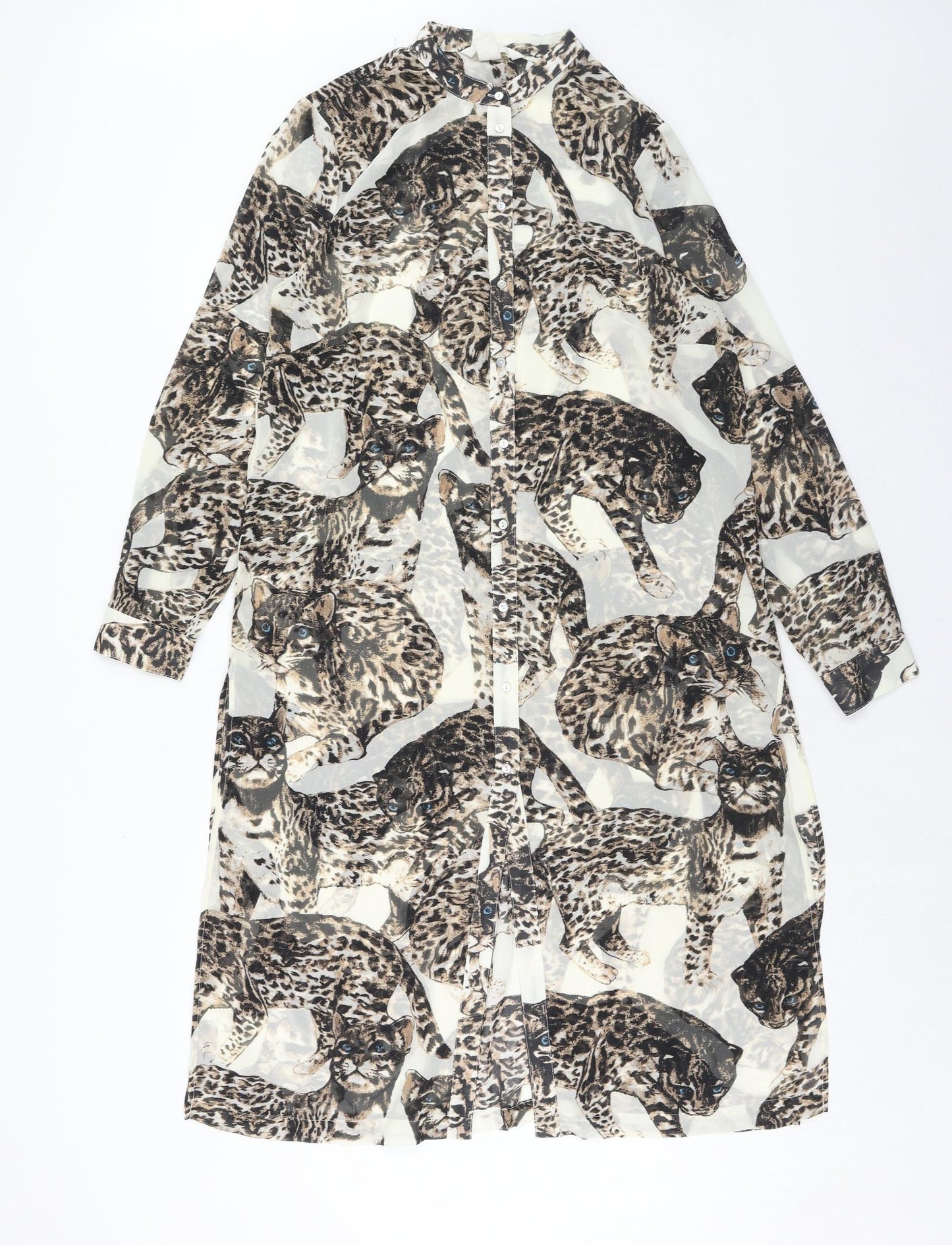 H&M Womens Brown Geometric Polyester Shirt Dress Size 12 Round Neck Button - Cat Pattern